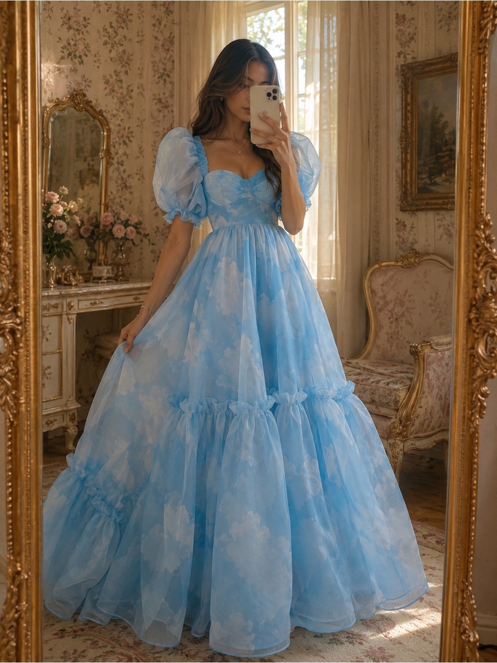 Selkie Head In The Clouds Ritz Gown Blue Organza Puff Sleeve Maxi Dress XS NWT